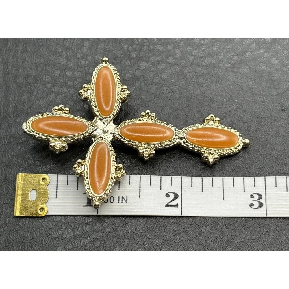 Vintage Huge Large Gold Tone Orange Enamel Cross Ornate Brooch Pin